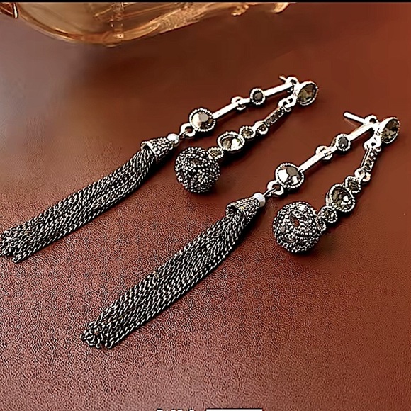 Antique Silver Rhinestone Earring Round Ball Long Fringe Tassel Earrings Boho - Picture 12 of 12